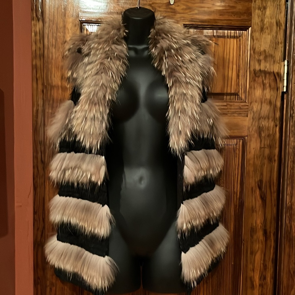 Belle Fare Black & Tan Rex & Fox Fur Vest